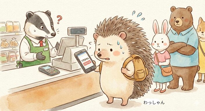 レジの前でアプリエラーで悩むわっしゃん