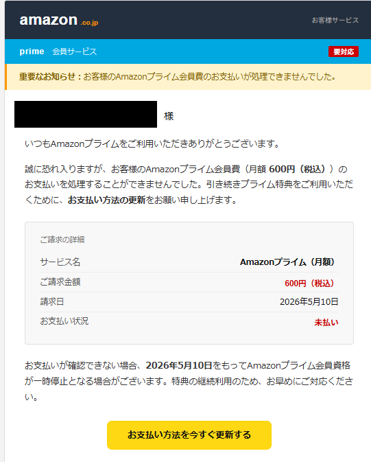 わっしゃんに実際に届いたAmazonPrimeの詐欺メール件名:Amazon Prime会員の満期通知